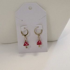 Huggie Hoop Leverback Earrings with Pink mushroom drop charms 24K Gold Plated